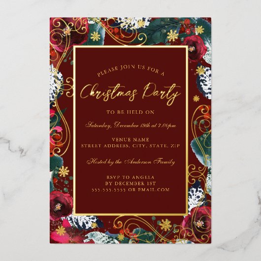 Gold Red Swirl Flower Lijst Kerstfeest Folie Uitnodiging (Voorkant)