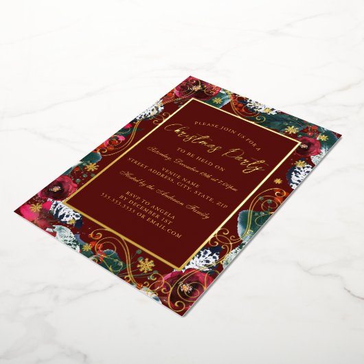 Gold Red Swirl Flower Lijst Kerstfeest Folie Uitnodiging (Gedraaid)