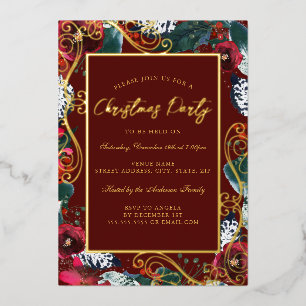 Gold Red Swirl Flower Lijst Kerstfeest Folie Uitnodiging