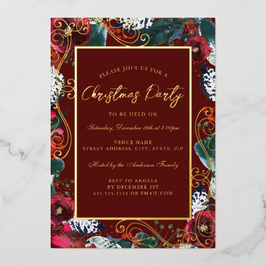 Gold Red Swirl Flower Lijst Kerstfeest Folie Uitnodiging (Voorkant)