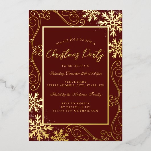 Gold Red Swirl Snowflake Lijst Kerstfeest Folie Uitnodiging (Voorkant)