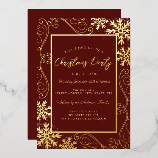 Gold Red Swirl Snowflake Lijst Kerstfeest Folie Uitnodiging (Voorkant / Achterkant)