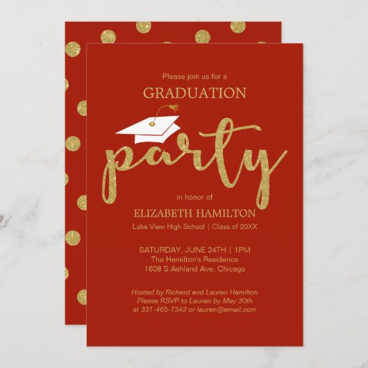 Gold Red-uitnodigingen van de High School Afstudee Aankondiging (Voorkant / Achterkant)