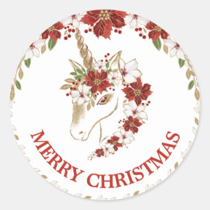 Gold & Red Unicorn & Poinsettia Kerstmis Ronde Sticker