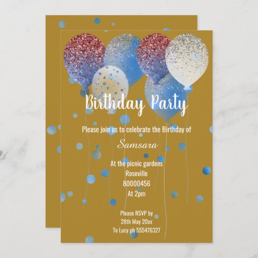 GOLD RED WHITE EN BLUE BIRTHDAY BALLOON KAART (Voorkant / Achterkant)