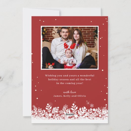 Gold Red White Snowflakes Merry-kerstfoto Feestdagenkaart (Achterkant)