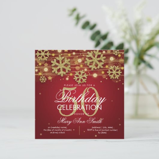 Gold Red Winter Glitter Glam 50th Birthday Kaart (Staand voorkant)
