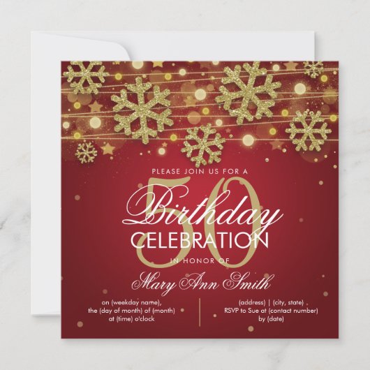 Gold Red Winter Glitter Glam 50th Birthday Kaart (Voorkant)