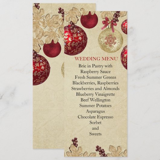 Gold/Red Winter Vakantie Ornamenten Bruiloft Menu (Voorkant / Achterkant)