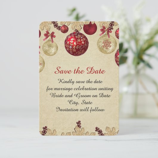 Gold/Red Winter Vakantie Ornamenten Save the date (Staand voorkant)