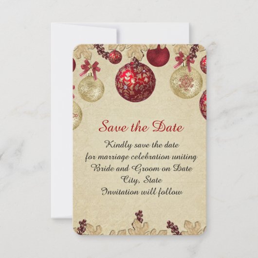 Gold/Red Winter Vakantie Ornamenten Save the date (Voorkant)