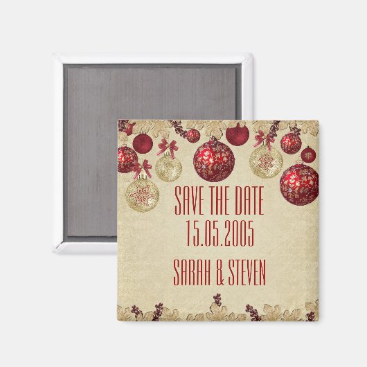 Gold/Red Winter Vakantie Ornamenten Save the date Magneet