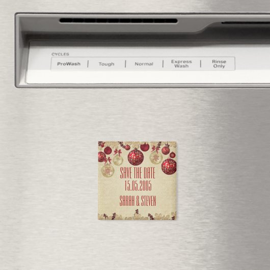 Gold/Red Winter Vakantie Ornamenten Save the date Magneet (Insitu (Vaatwasser))