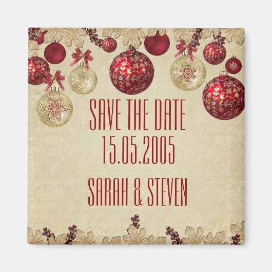 Gold/Red Winter Vakantie Ornamenten Save the date Magneet (Voorkant)