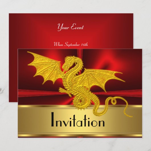 Gold Red Year of the Dragon Invitation Kaart (Voorkant / Achterkant)