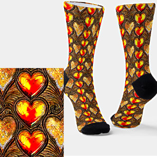 Gold Red Yellow Metallic Effect Hearts 3D op bruin Sokken