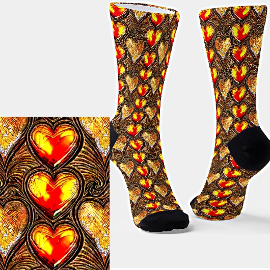 Gold Red Yellow Metallic Effect Hearts 3D op bruin Sokken