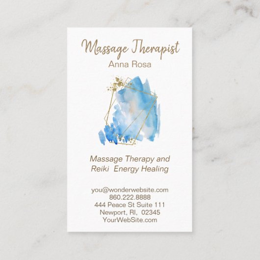 *~* Gold Reiki Massage Abstracte Blue Waterverf Visitekaartje (Achterkant)