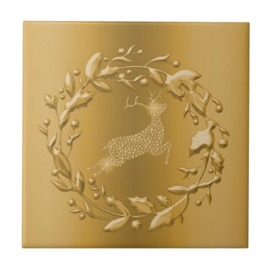 Gold Reindeer en Wreate Kerstmis Tegeltje (Voorkant)