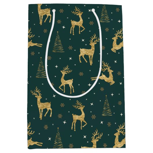 Gold Reindeer kerstboompatroon ID853 Medium Cadeauzakje (Voorkant)
