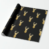 Gold Reindeer Pattern Wrapping Paper Black Cadeaupapier (Uitgerold)