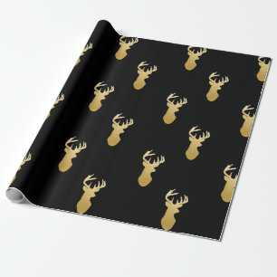 Gold Reindeer Pattern Wrapping Paper Black Cadeaupapier