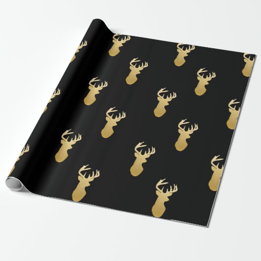 Gold Reindeer Pattern Wrapping Paper Black Cadeaupapier (Uitgerold)