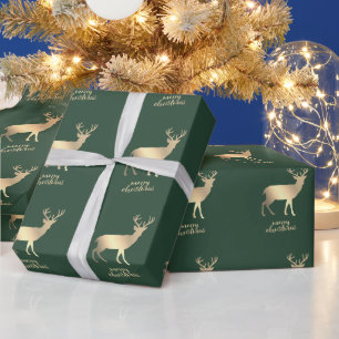 Gold Reindeers Green Merry Kerstmis Cadeaupapier