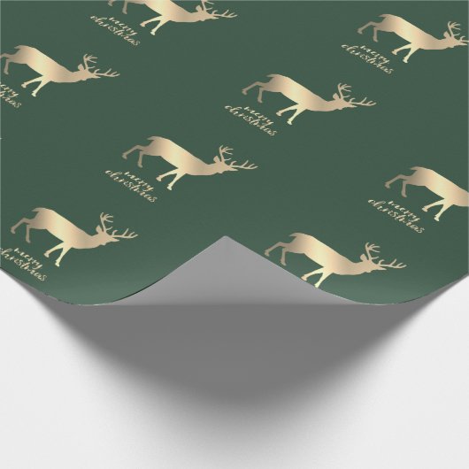 Gold Reindeers Green Merry Kerstmis Cadeaupapier (Hoek)
