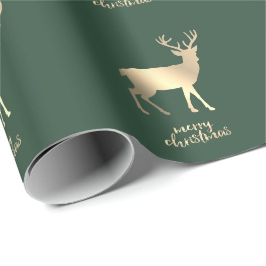 Gold Reindeers Green Merry Kerstmis Cadeaupapier (Rol Hoek)