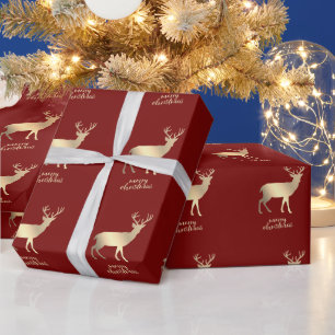 Gold Reindeers Red Merry kerst Cadeaupapier