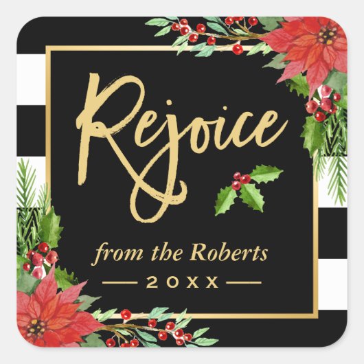 Gold Rejoice Script Religieuze kerstFloral Vierkante Sticker (Voorkant)