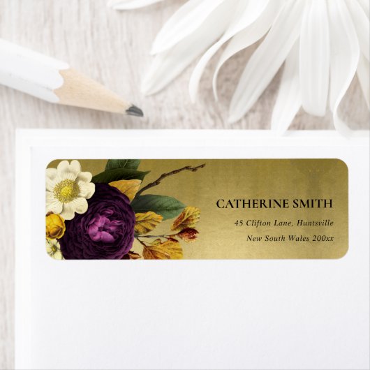 GOLD  RETRO BURGUNDY HERFST FLORAAL ADRES ETIKET (Insitu)