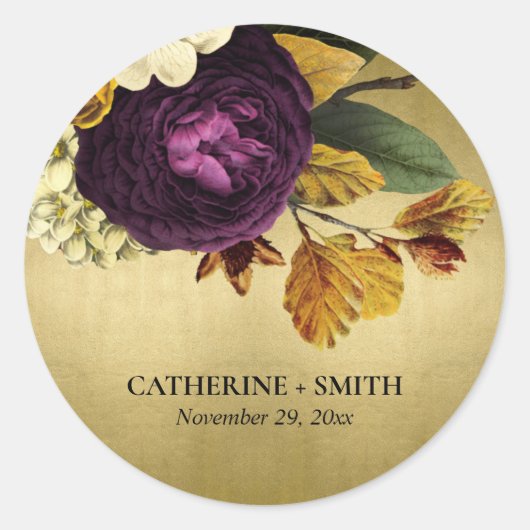 GOLD  RETRO BURGUNDY HERFST FLORAL WEDING RONDE STICKER (Voorkant)