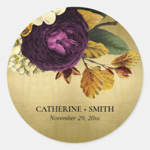 GOLD  RETRO BURGUNDY HERFST FLORAL WEDING RONDE STICKER