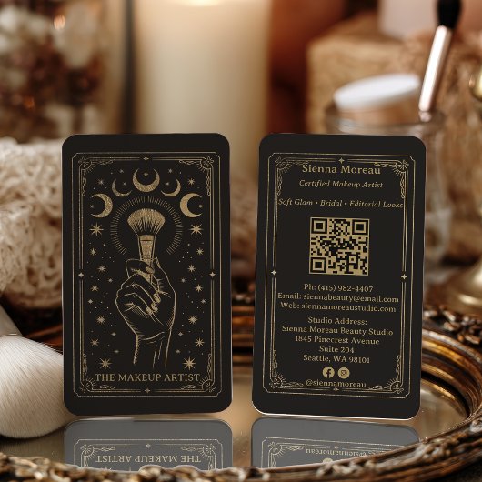 Gold Retro Celestial Tarot Makeup QR Code Visitekaartje