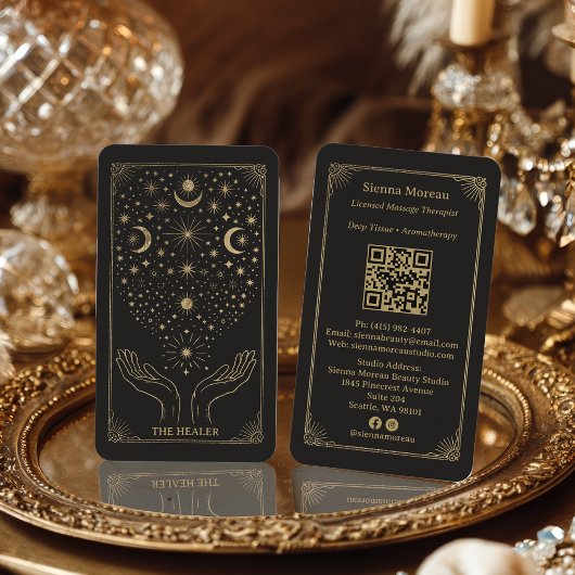 Gold Retro Celestial Tarot Massage Reiki QR Visitekaartje