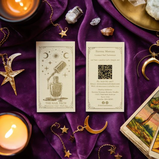 Gold Retro Celestial Tarot Nail artist QR Code Visitekaartje