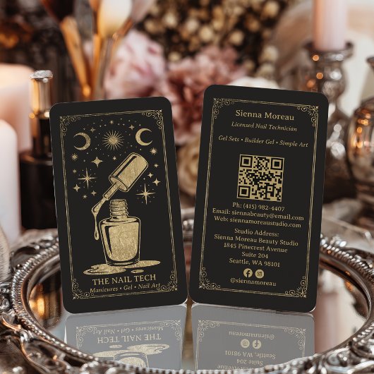 Gold Retro Celestial Tarot Nail artist QR Code Visitekaartje