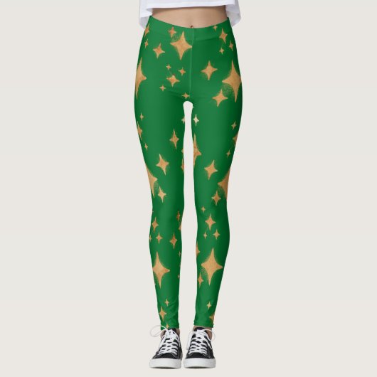 Gold Retro kerststerren op groen Leggings (Voorkant)