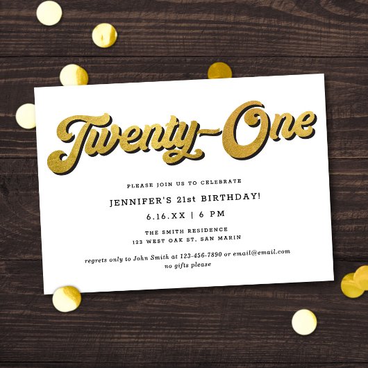 Gold Retro Script Black White 21st Birthday Party Kaart