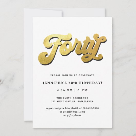 Gold Retro Script Black White 40th Birthday Party Kaart (Voorkant)