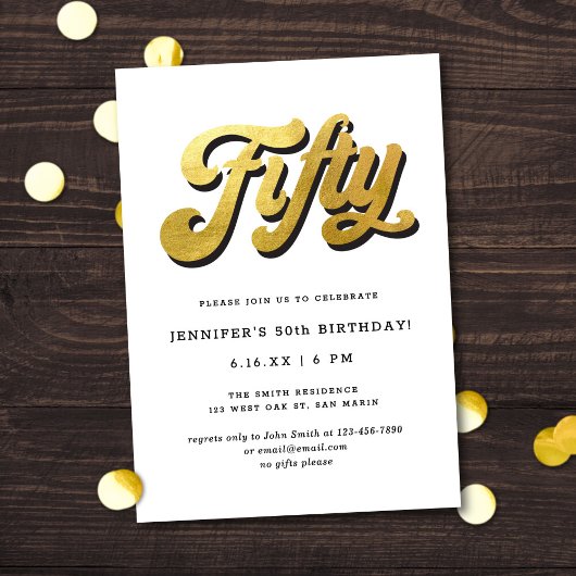 Gold Retro Script Black White 50th Birthday Party Kaart