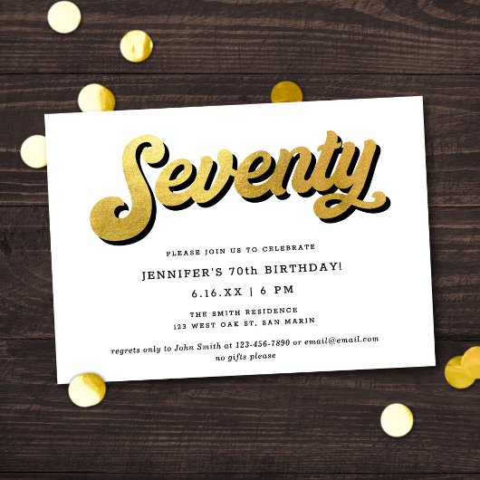 Gold Retro Script Black White 70th Birthday Party Kaart