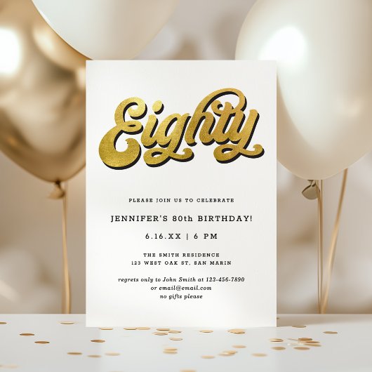 Gold Retro Script Black White 80th Birthday Party Kaart