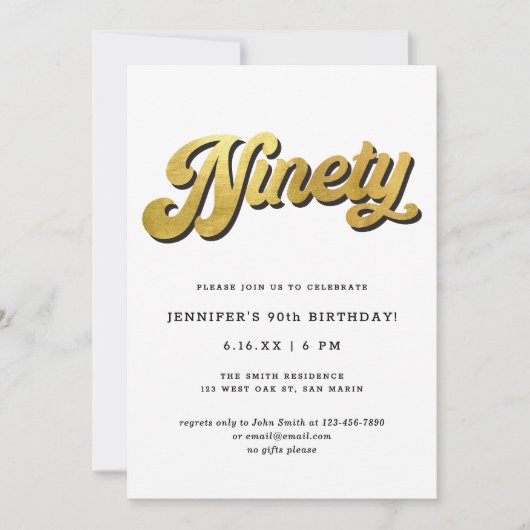 Gold Retro Script Black White 90th Birthday Party Kaart (Voorkant)