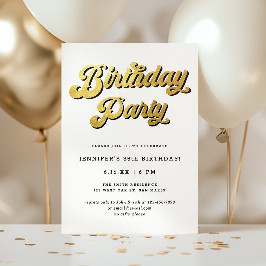Gold Retro Script Black & White Birthday Party Kaart