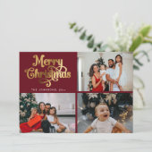 Gold Retro Vrolijk Kerstfeest Familie Fotocollage Feestdagenkaart (Staand voorkant)