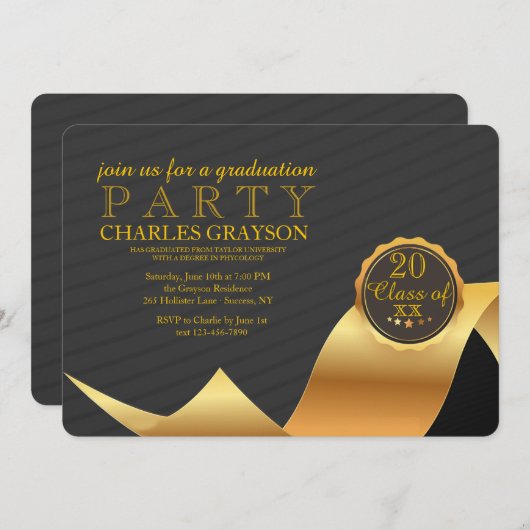 Gold Ribbon Afstuderen Invitation Kaart (Voorkant / Achterkant)