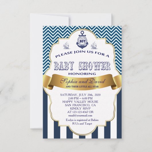 Gold Ribbon Blue Stripes Waves Anchor BABY SHOWER Kaart (Voorkant)